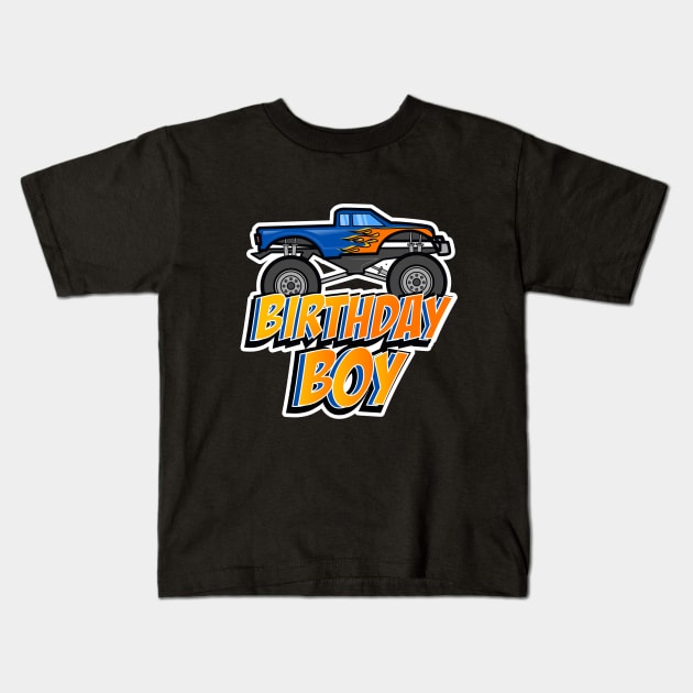 Birthday Boy Monster Truck Kids T-Shirt by LetsBeginDesigns